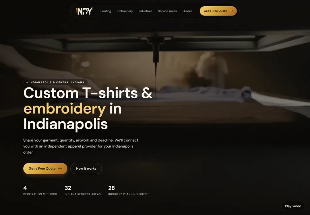 Screenshot of the Indy Custom Apparel homepage