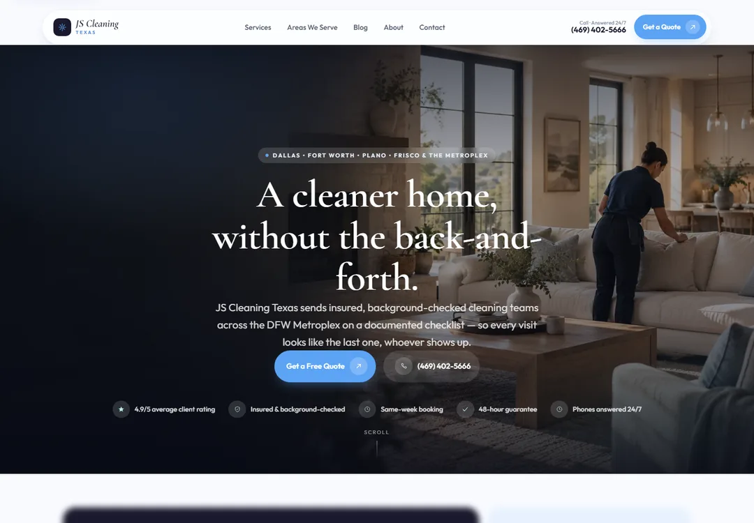 Screenshot of the JS Cleaning Texas homepage