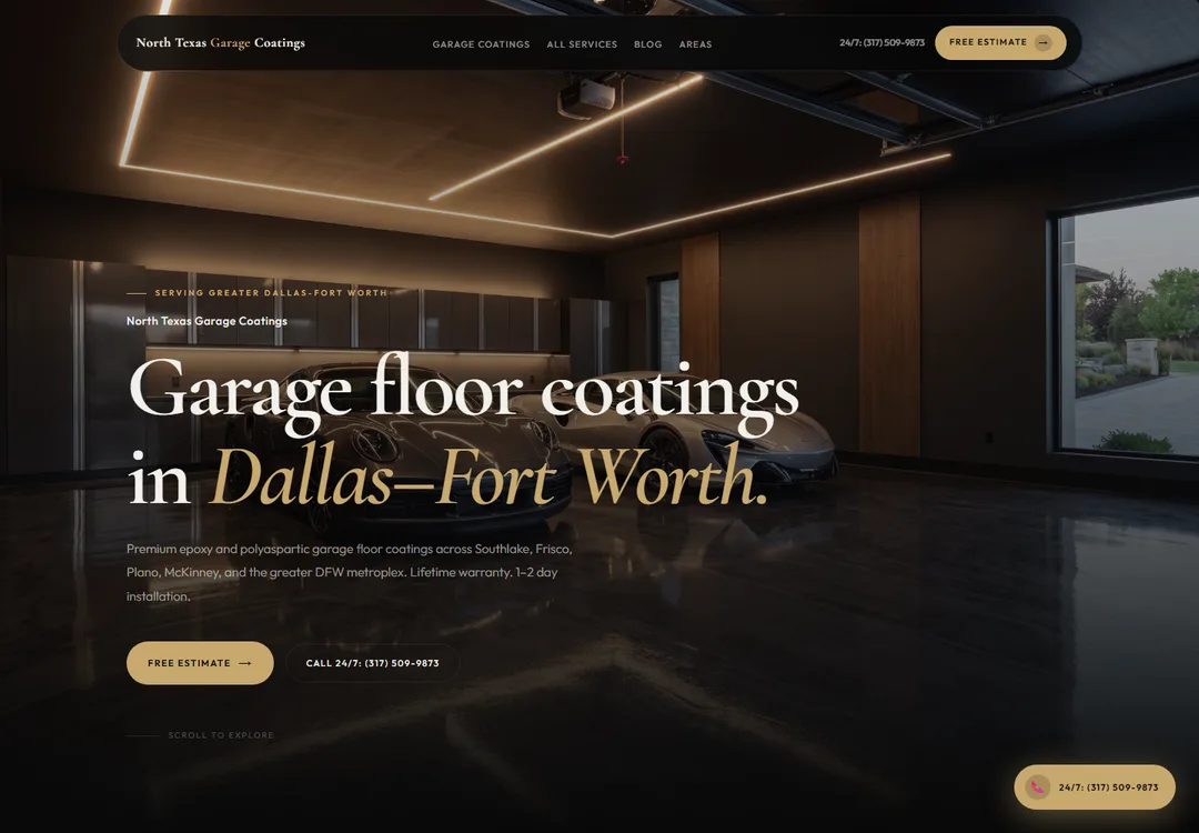 Screenshot of the North Texas Garage Coatings homepage