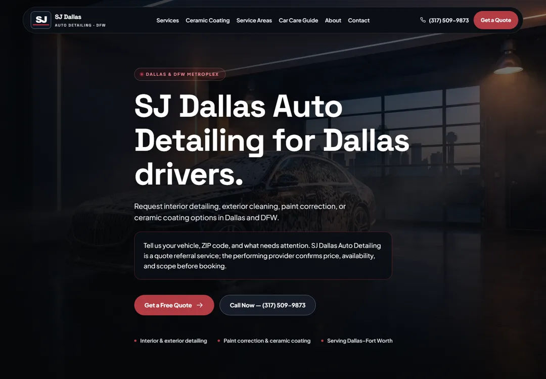 Screenshot of the SJ Dallas Auto Detailing homepage