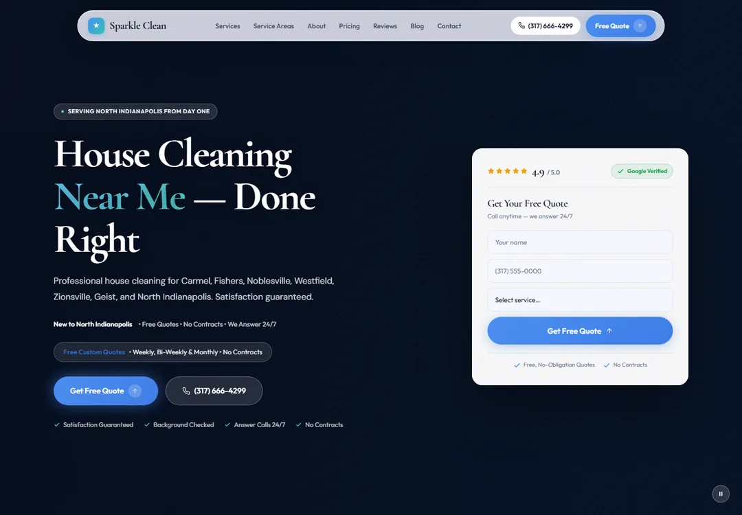 Screenshot of the Sparkle Clean Indiana homepage